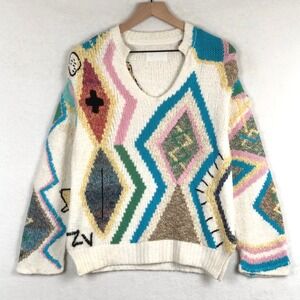 ZADIG & VOLTAIRE Sonny Kilim Carpet Intarsia Sweater Sz M Geometric Multicolor